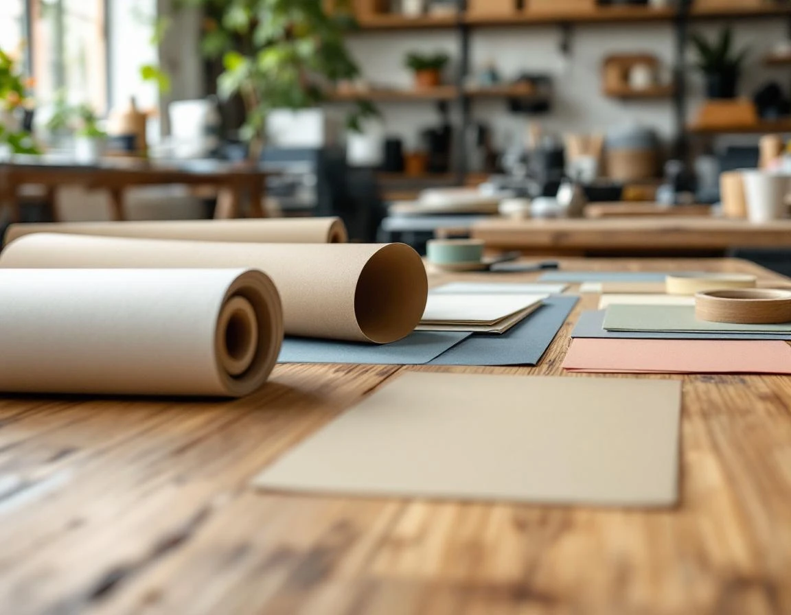 Paper samples and printing materials arranged on wooden workspace table with natural window lighting