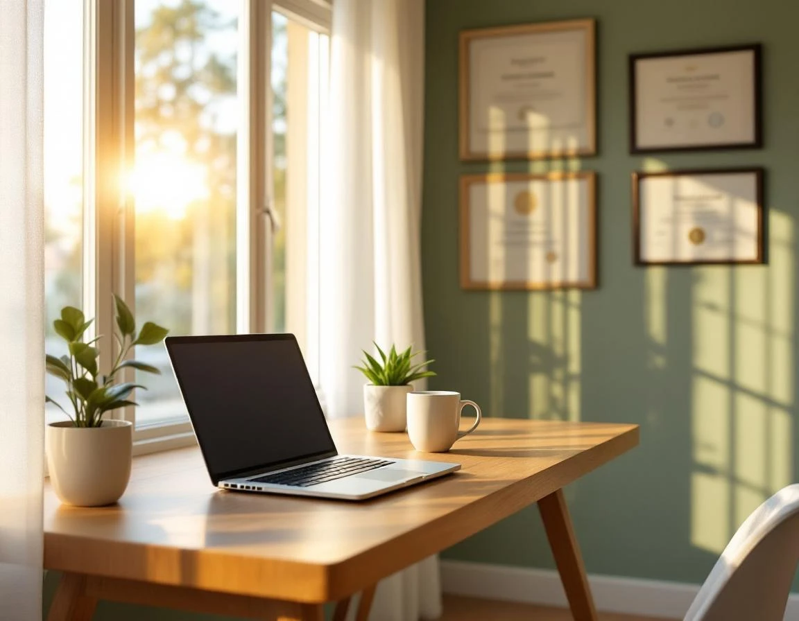 Professional home office desk setup with laptop and credentials displaying independent notary workspace organization