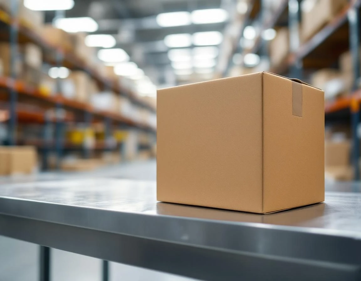 Cardboard shipping box on warehouse workbench showing package dimensions for USPS compliance measurement