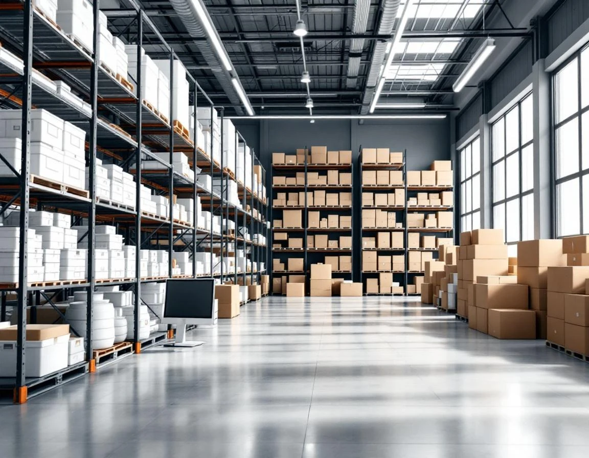 Organized warehouse shelving with inventory supplies and computer workstation showing systematic SKU management