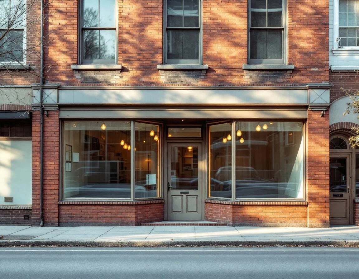 Weathered brick commercial storefront with blank display windows in natural morning light