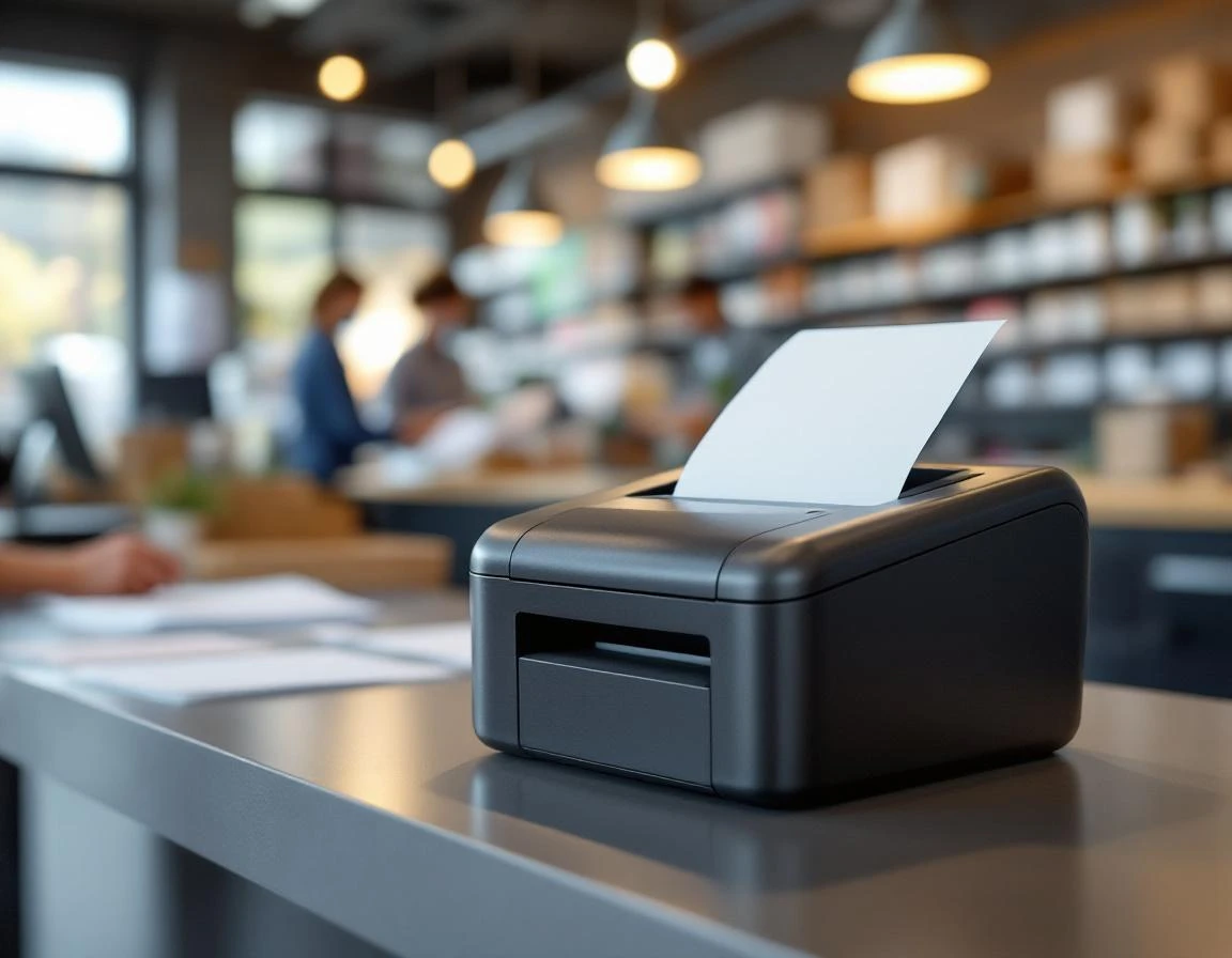 Receipt printer processing blank paper at retail shipping counter with employee handling transaction paperwork