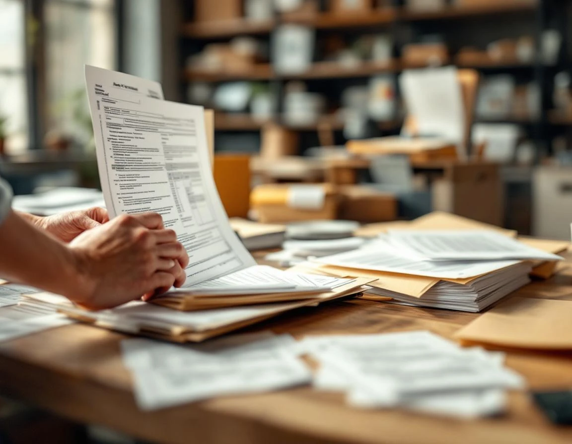 Print shop workspace with hands organizing tax documents into labeled folders during peak filing season