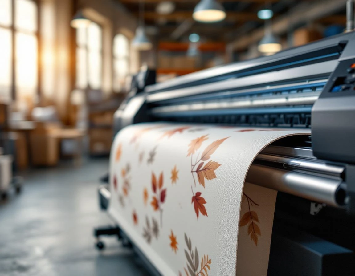 Wide-format printer producing seasonal banner with autumn design in professional print shop warehouse