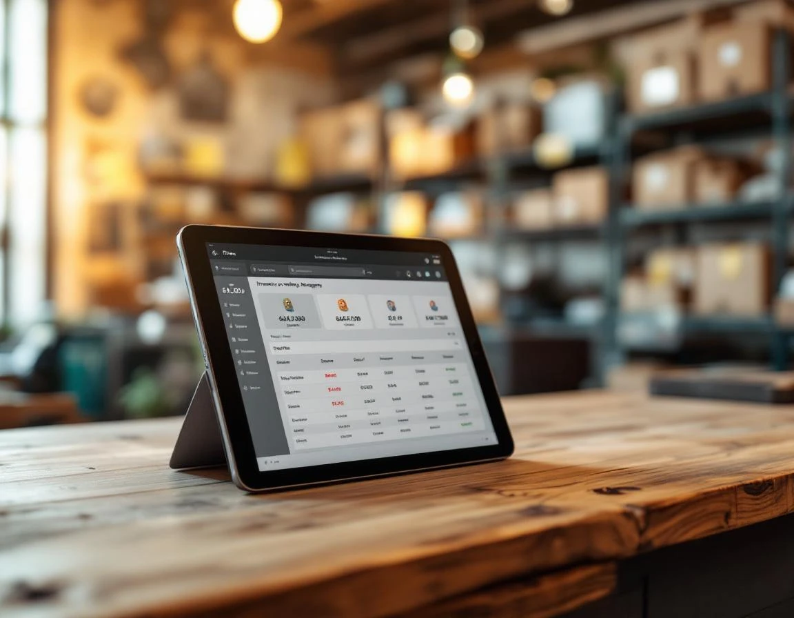 Point-of-sale tablet displaying inventory management interface on wooden counter in pack-ship store