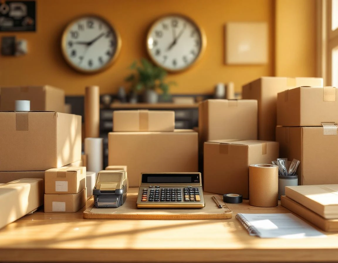 Wooden desk with calculator, shipping boxes, and packing supplies in fulfillment workspace