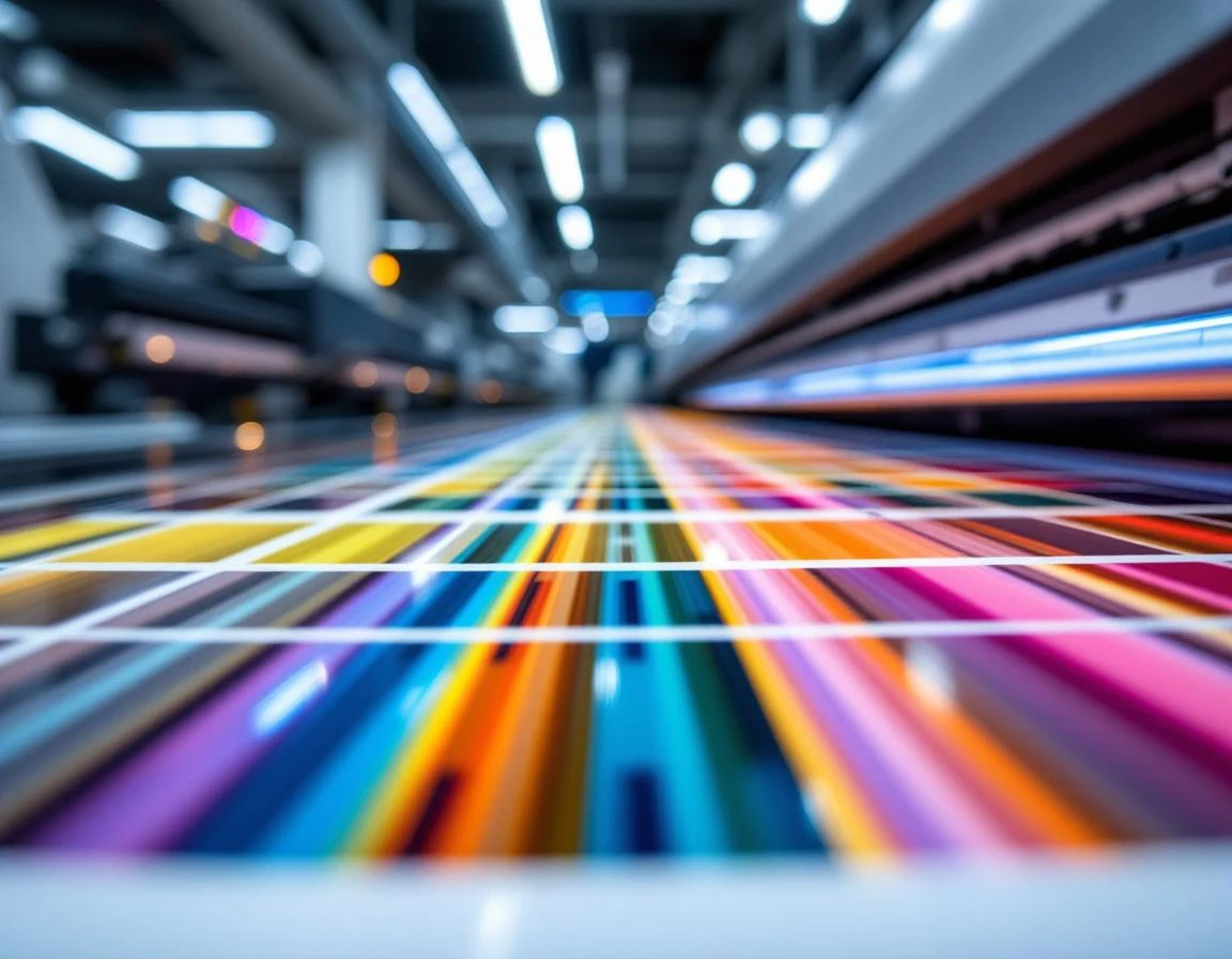 Production inkjet printer output showing vibrant color printing quality and professional print shop environment