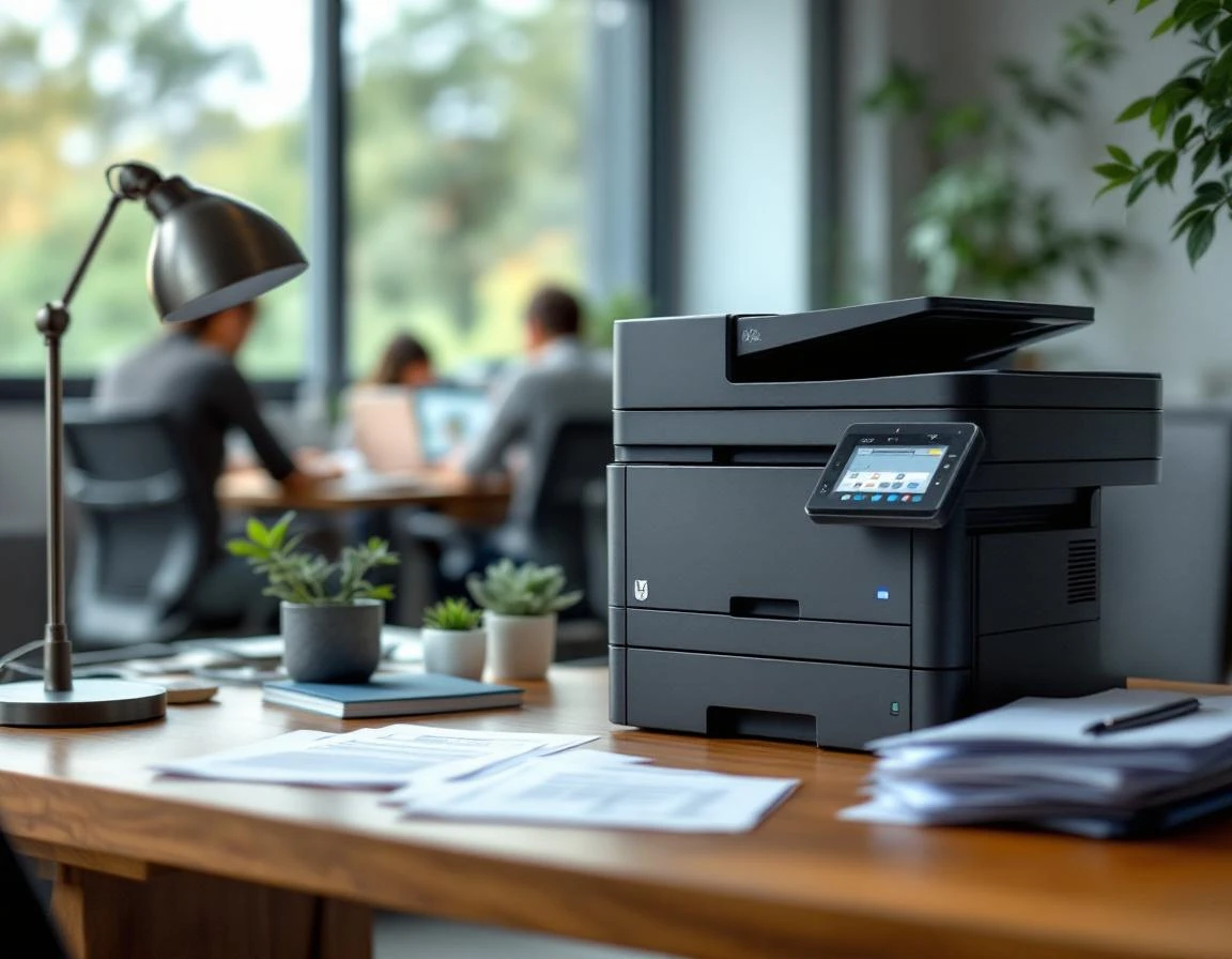 Multifunction printer on office desk with tax documents during busy season workflow