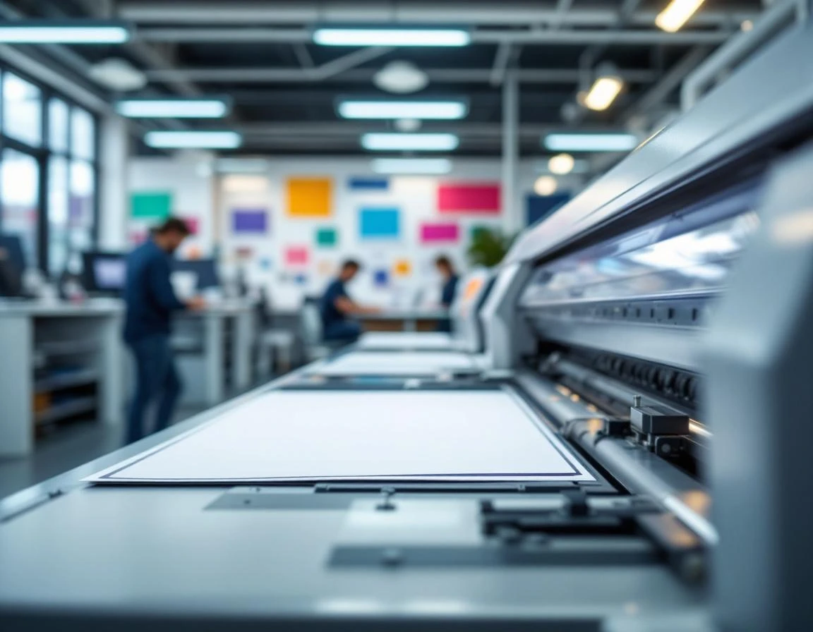Professional large-format printer in commercial print shop production environment with working equipment