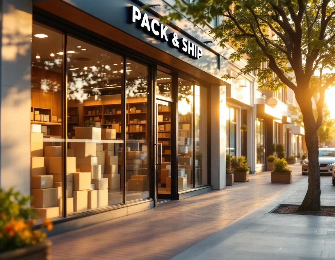 Modern shipping services storefront with large windows and professional exterior in small business district