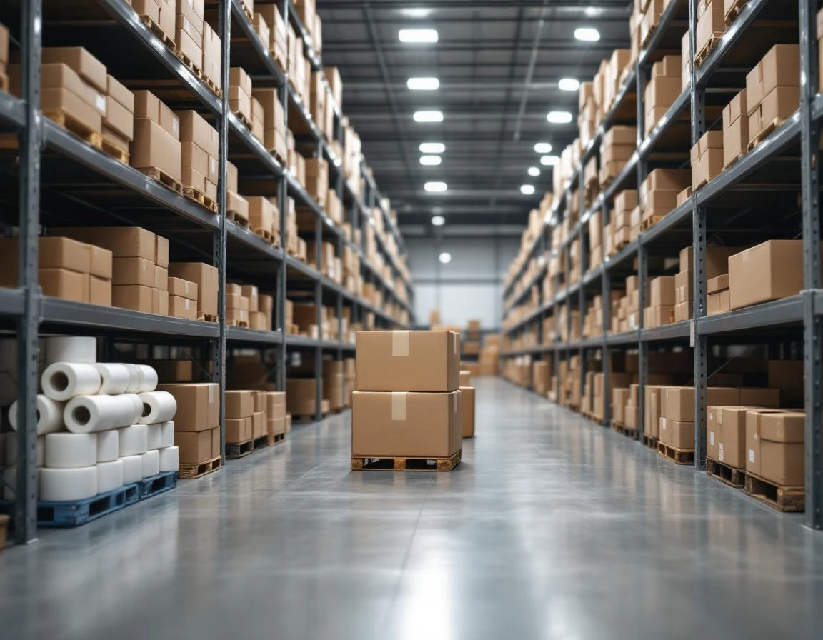 Organized warehouse shelving with stacked shipping boxes and packing materials in a fulfillment center