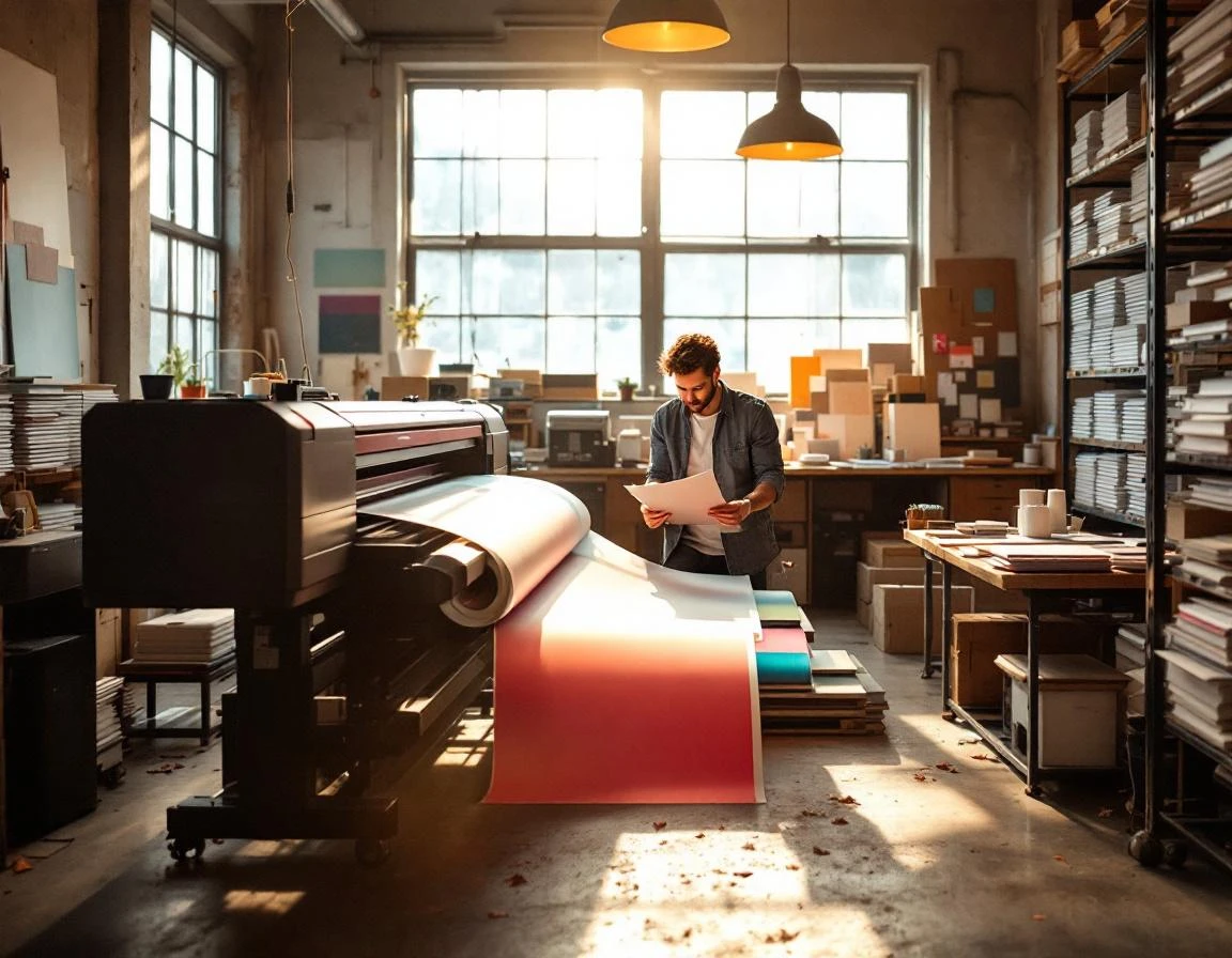 Print shop staff reviewing color proofs at workstation surrounded by paper samples and active printing equipment