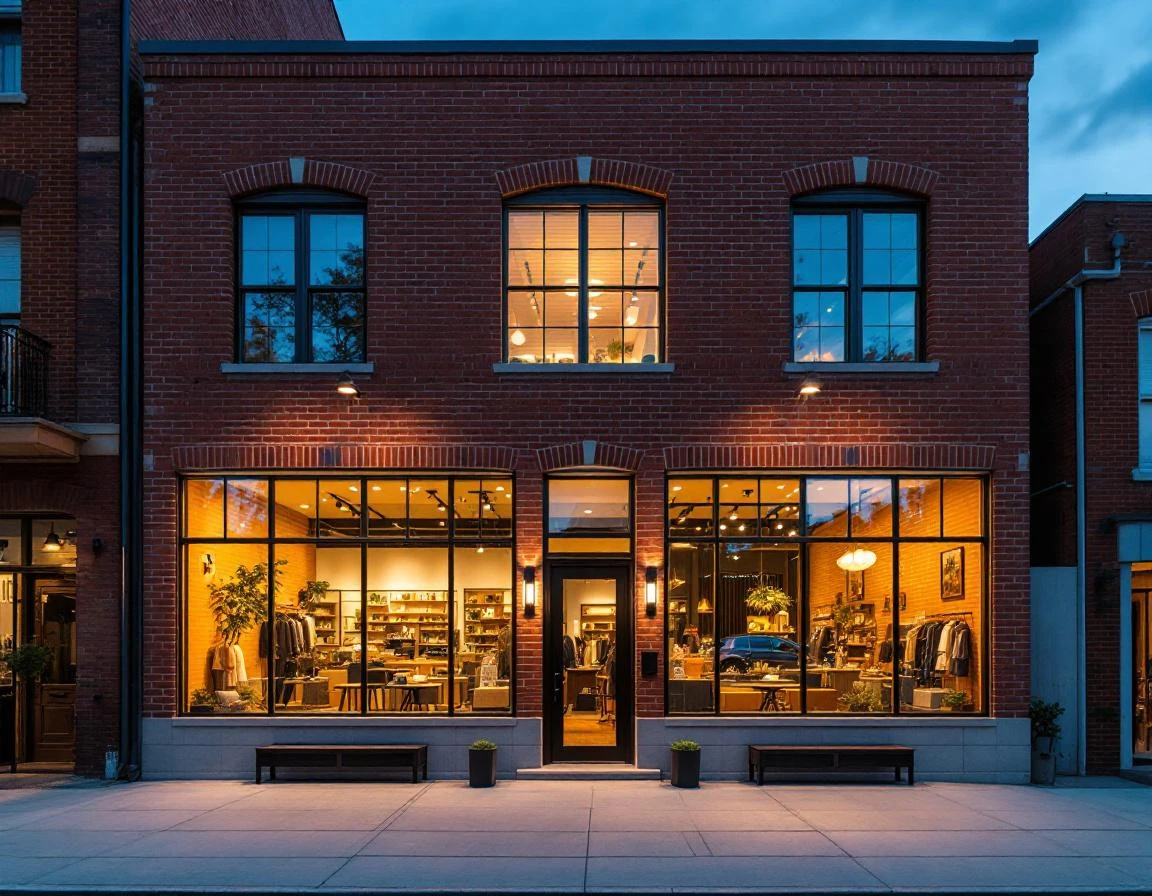 Modern brick retail storefront with warm evening lighting in walkable neighborhood business district