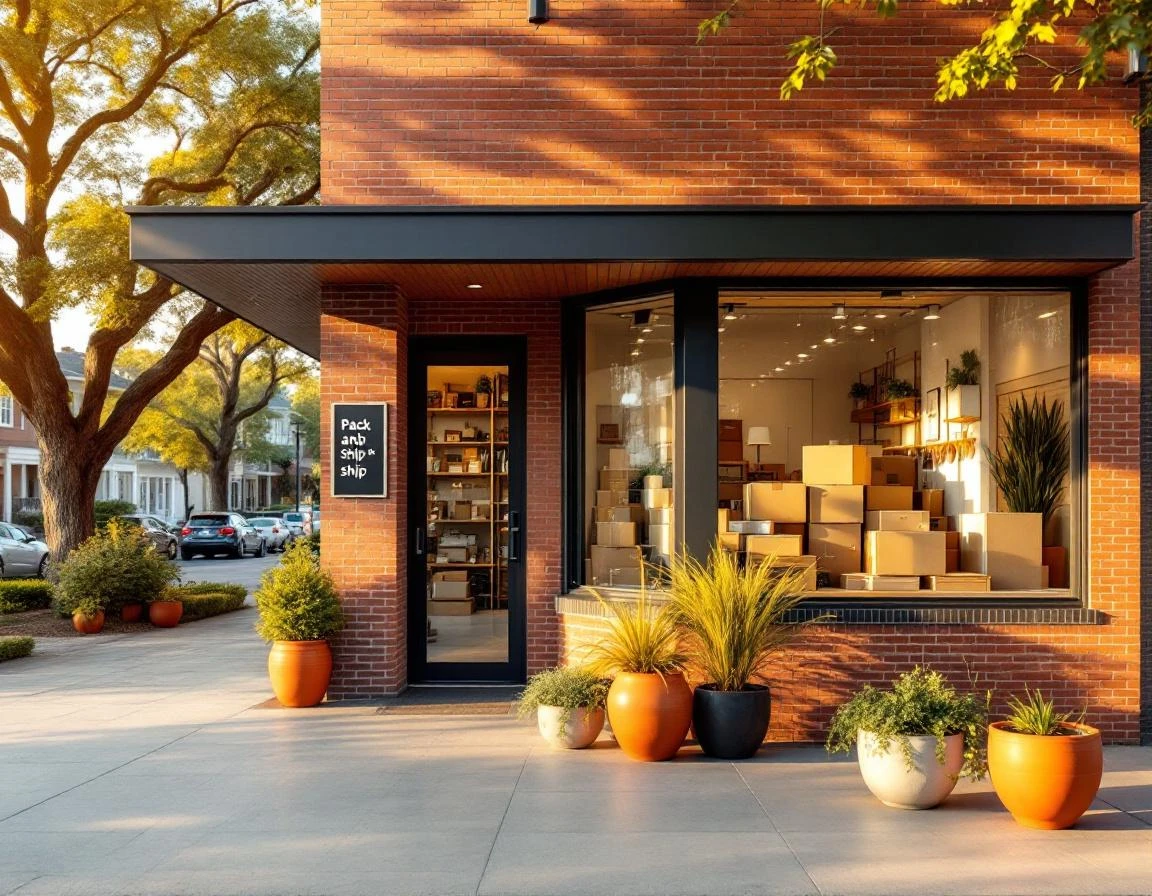 Modern pack-and-ship store exterior with brick facade and display windows at golden hour