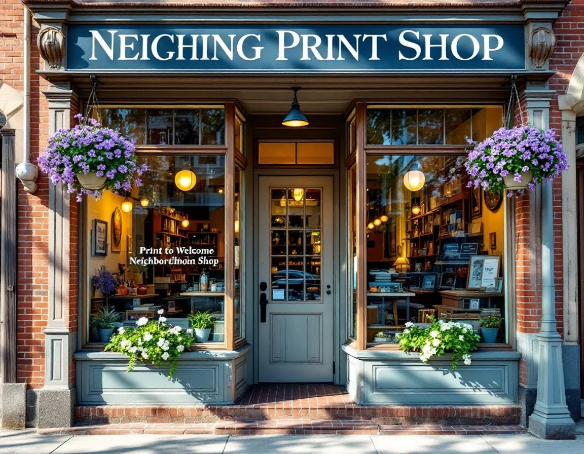 Local print shop storefront with brick facade and spring flower baskets on a sunny street corner