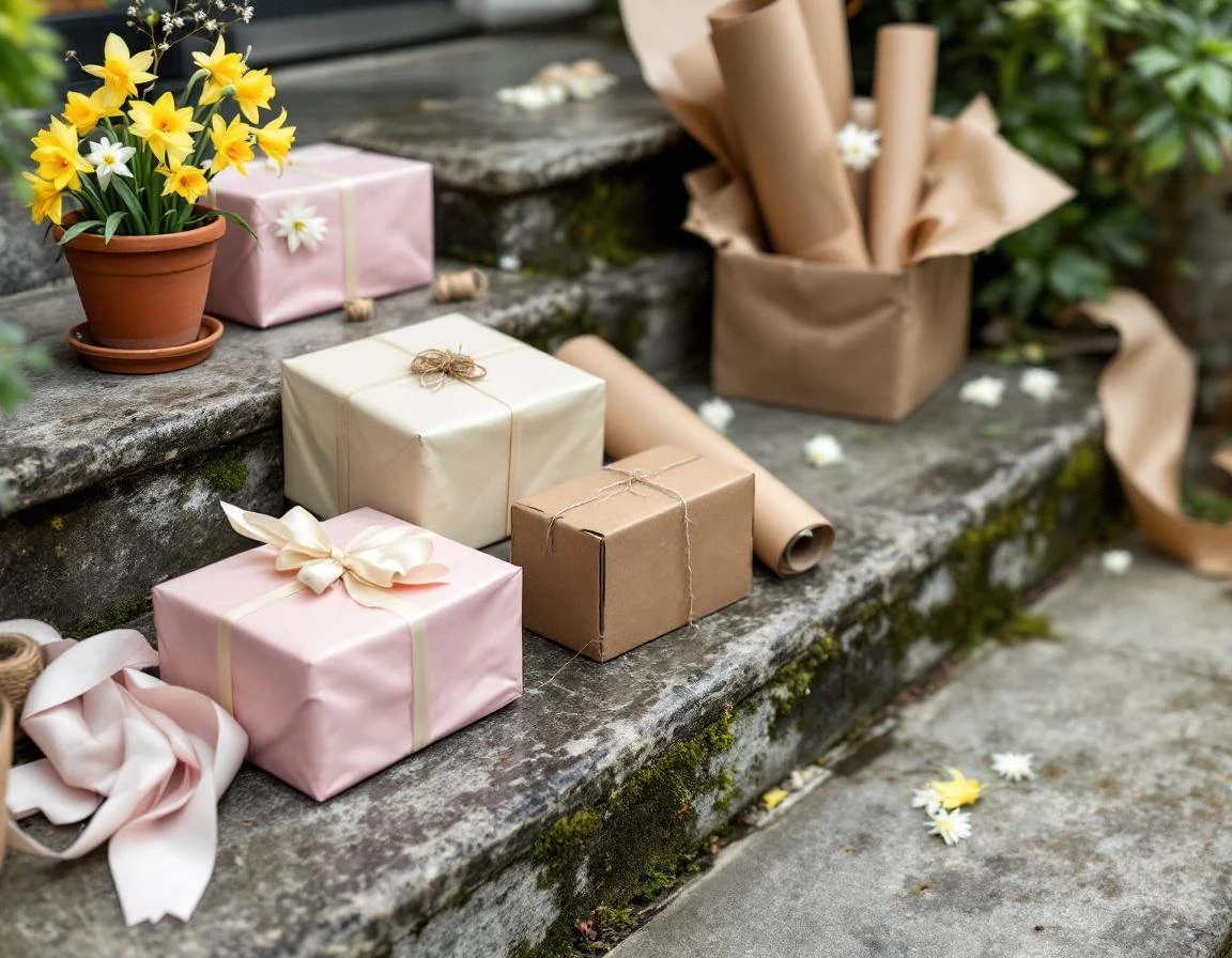 Wrapped Mother's Day gifts with spring flowers and shipping materials on front porch steps