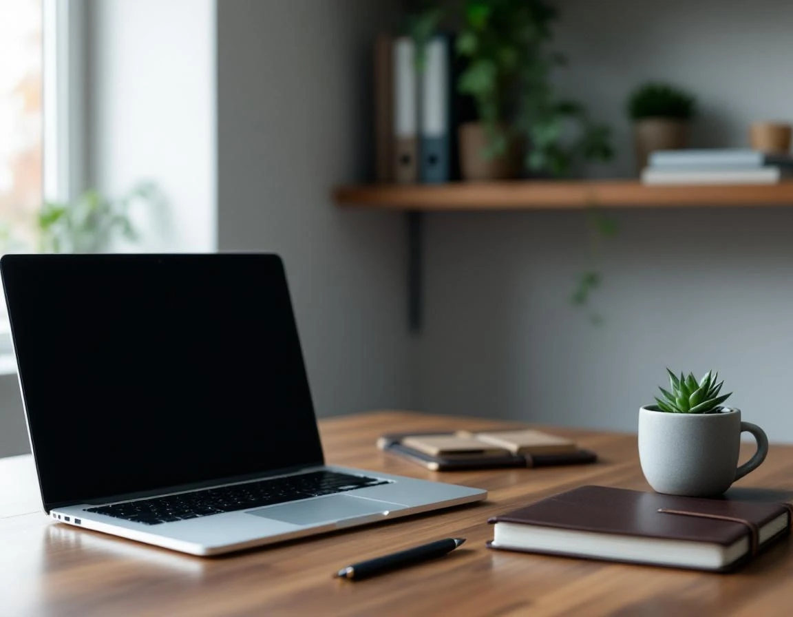 Clean professional desk workspace with laptop and notebook for independent notary service provider