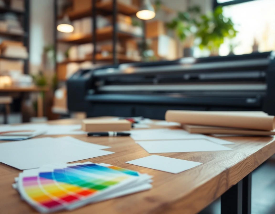 Print shop desk with color swatches, blank design materials, and professional printer in background