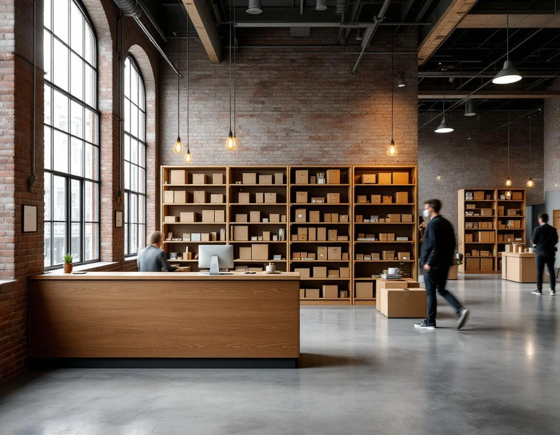 Organized retail interior showing five functional service zones with wooden fixtures and natural lighting