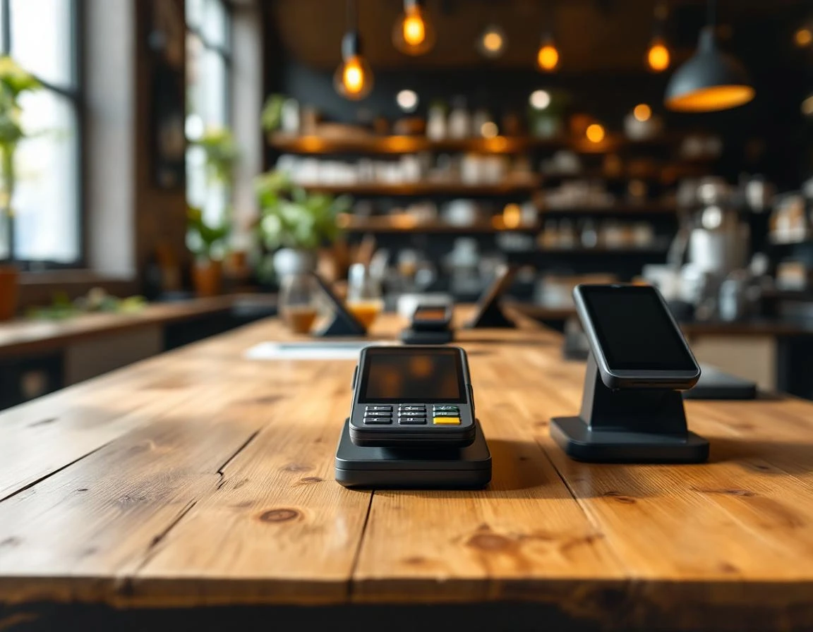 Modern contactless payment terminals on retail checkout counter with natural depth of field