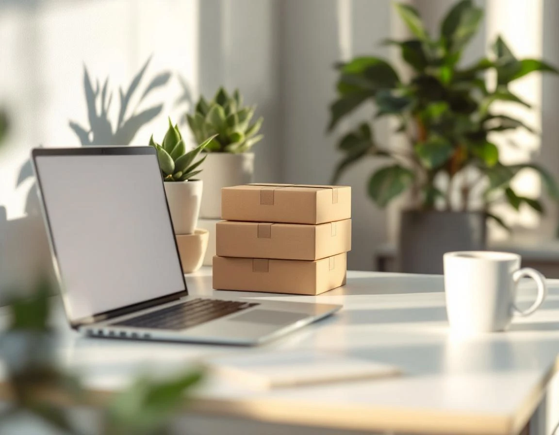 Modern workspace desk with laptop, shipping boxes, and office supplies in natural lighting