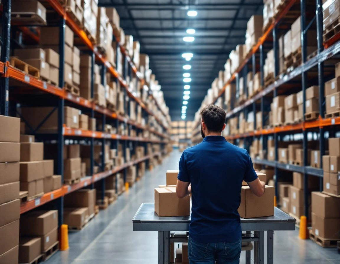 Warehouse worker processing packages at sorting station with industrial shelving in logistics facility