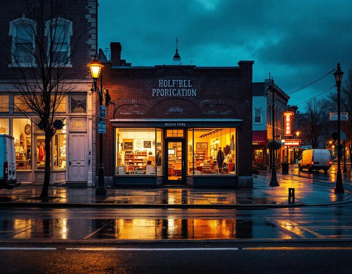 Independent retail storefront at dusk with warm interior lighting on wet Portland street