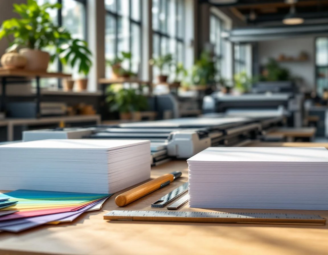Modern print shop workspace with color swatches, blank paper samples, and professional printing tools