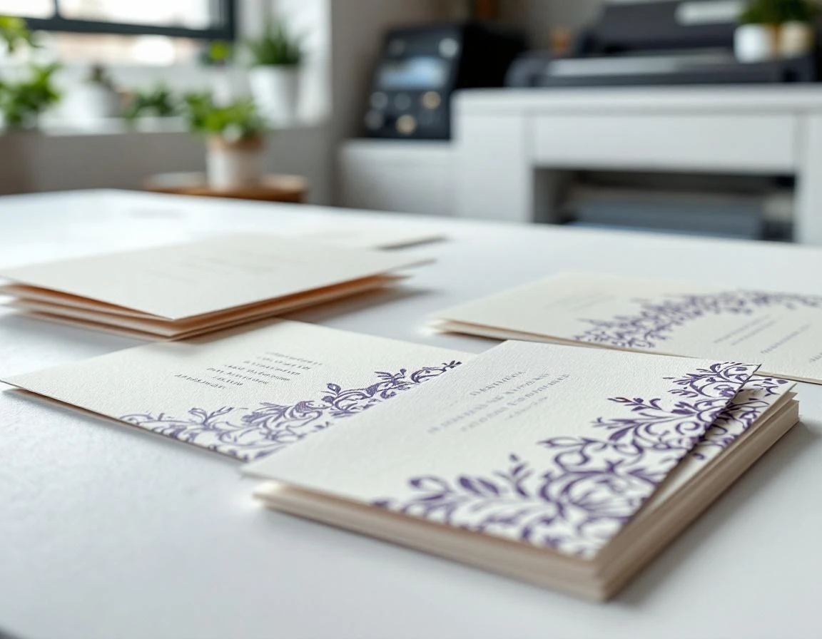 Professional print shop workspace with graduation announcements featuring purple and gold foil details
