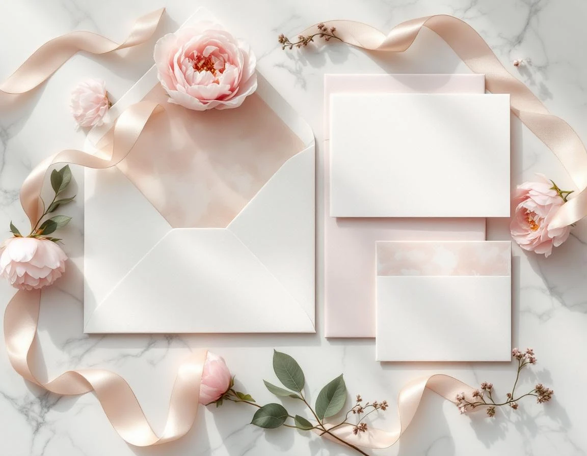 Luxury wedding invitation suite with peonies and silk ribbons on marble surface