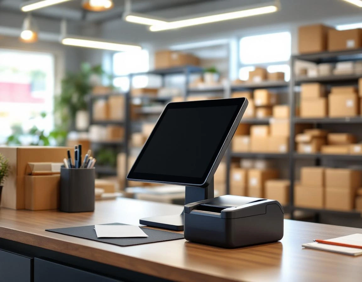 Point-of-sale terminal and thermal printer on retail counter with shipping supply shelving in background