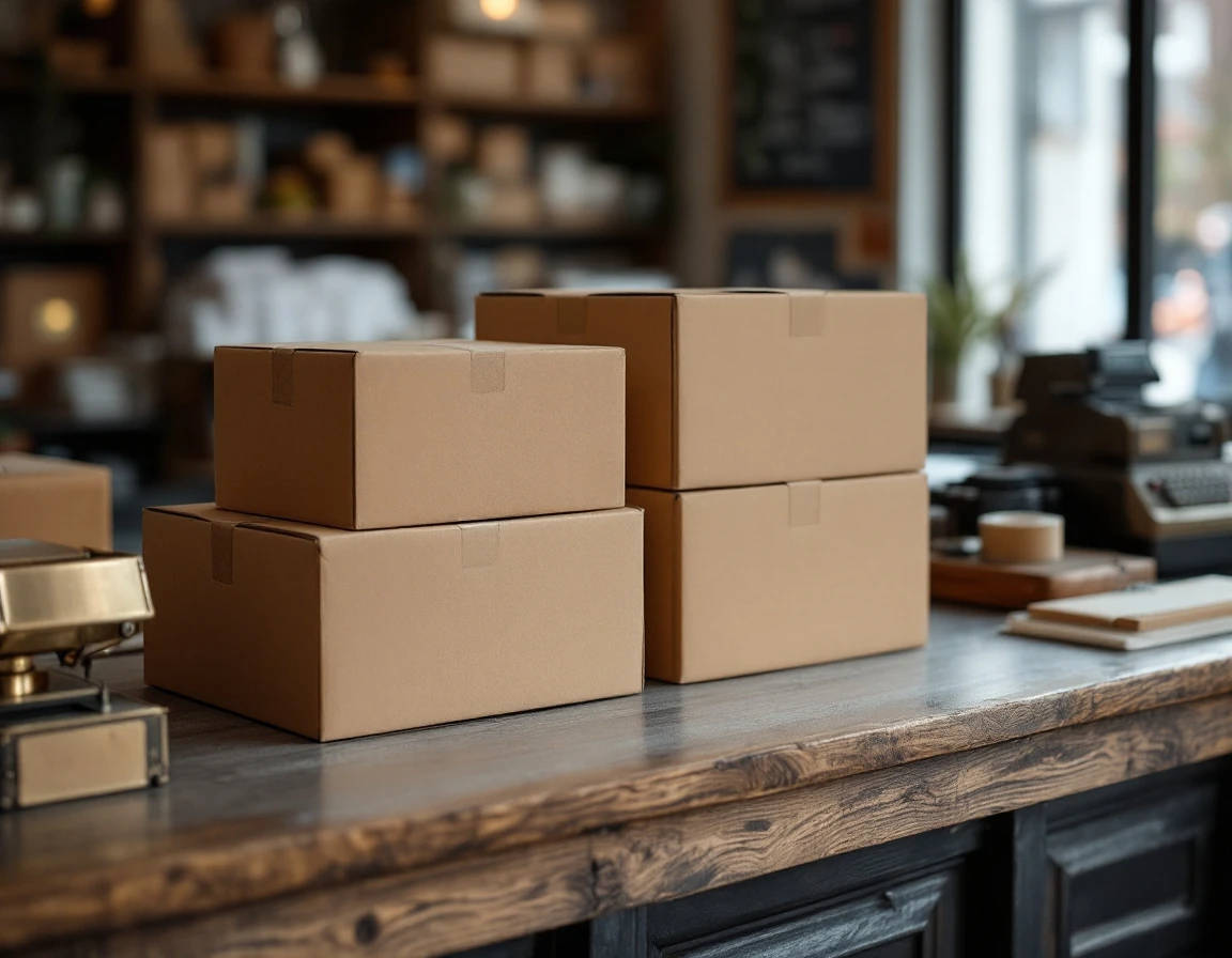 Small pack-and-ship store counter with shipping supplies and postal scale in natural window light