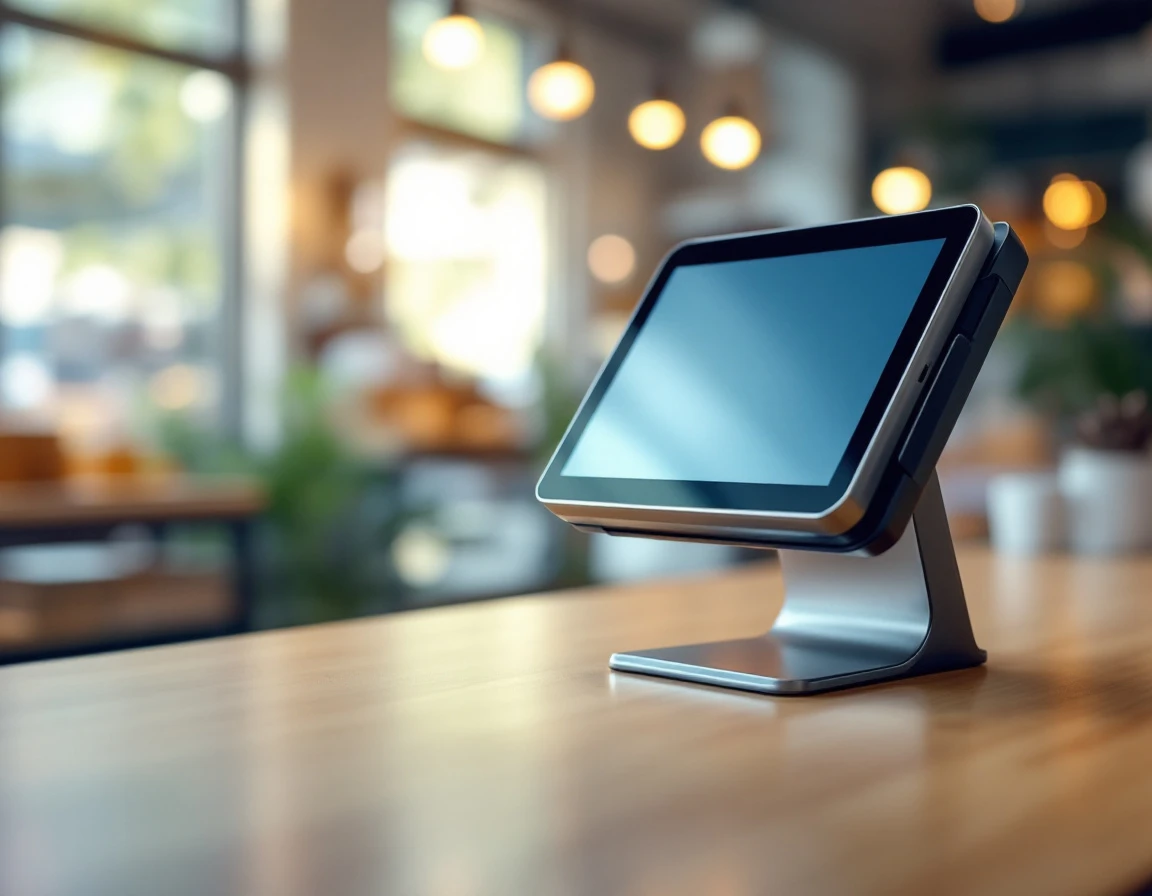 Modern payment terminal on retail counter in multi-service business environment