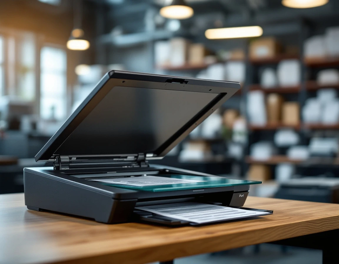 Professional document scanner with open lid in commercial print shop workstation ready for bulk tax document processing
