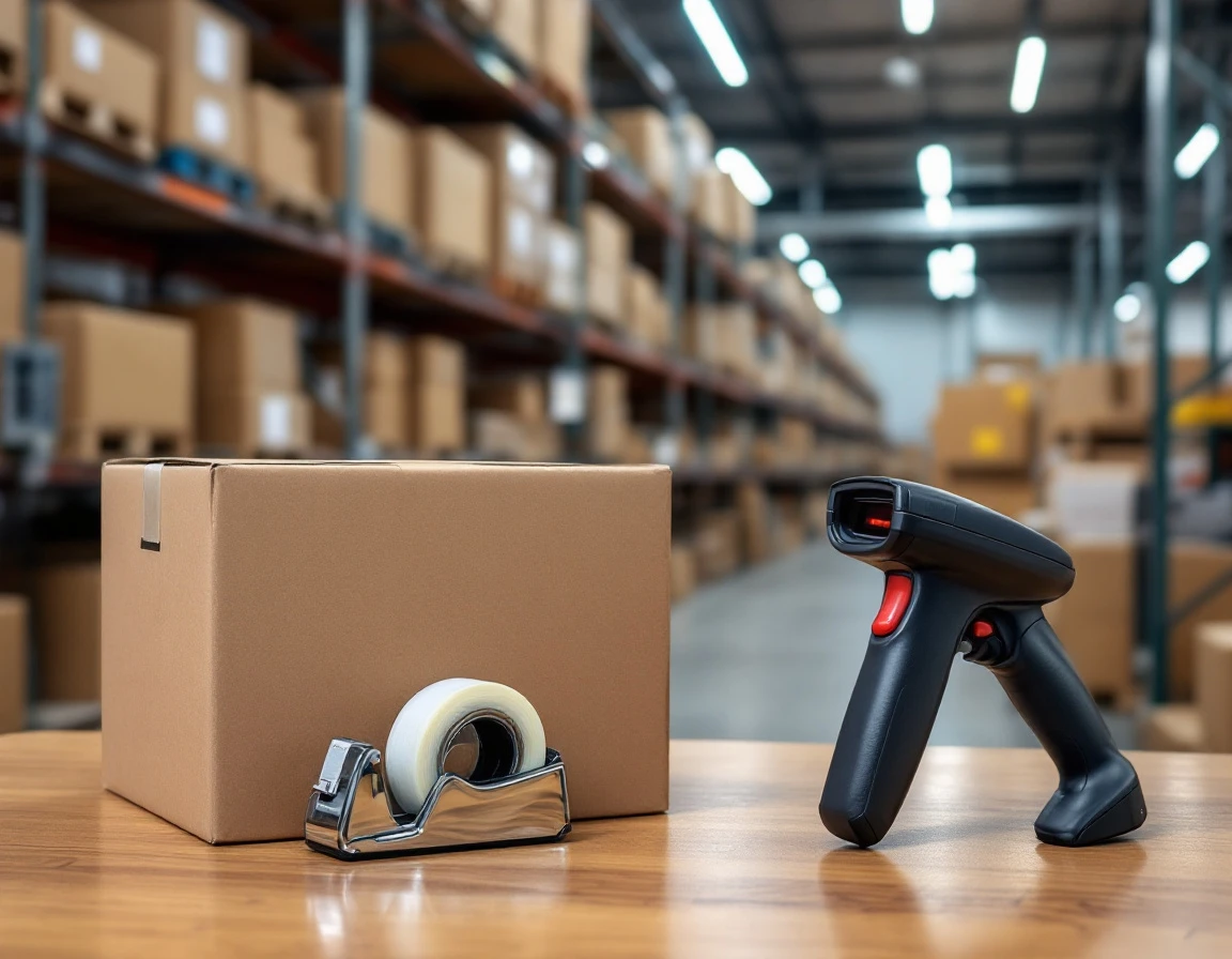 Shipping boxes and barcode scanner on warehouse counter with shelving units in pack-and-ship store workspace