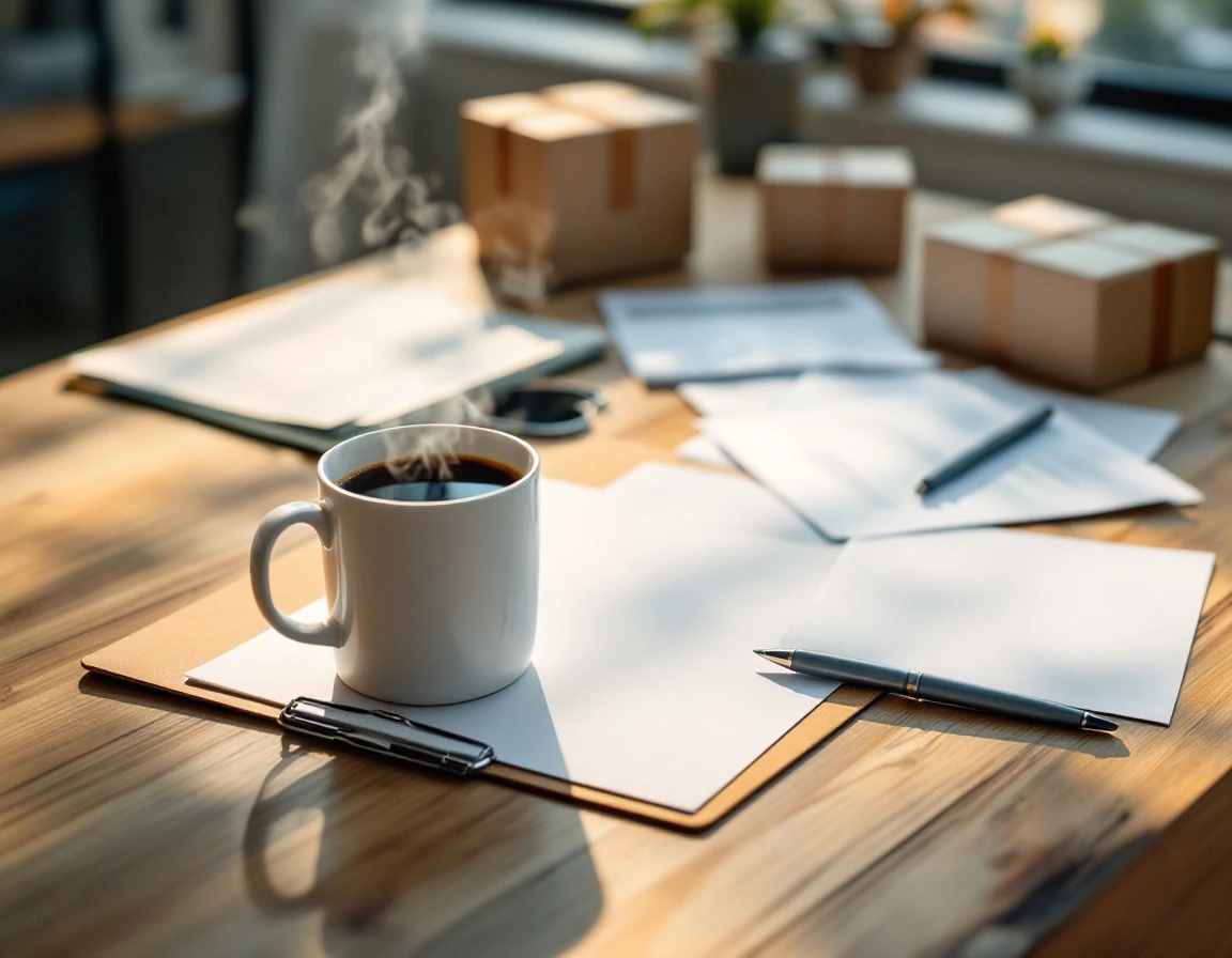 Organized shipping workspace with customs forms, clipboard, and packaging materials on wooden desk
