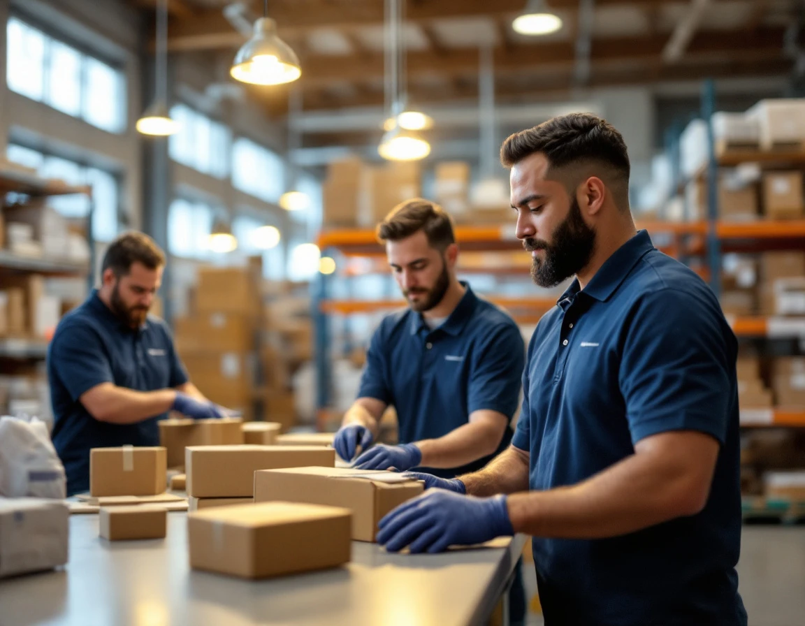 Retail associates sorting packages at workstation in fulfillment center during training session