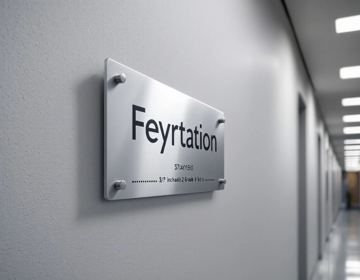 Brushed metal tactile sign with raised lettering mounted on commercial building wall showing proper ADA spacing