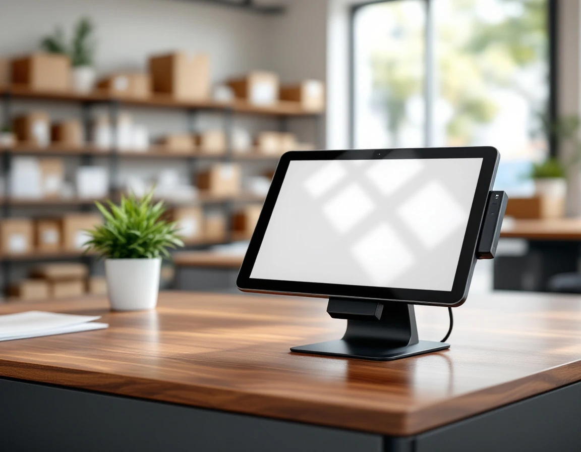 Point-of-sale tablet on wooden counter in modern retail workspace with natural lighting and organized supplies