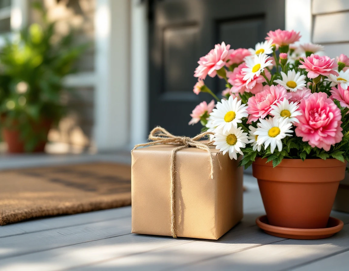 Gift box with flowers on front porch awaiting Mother's Day delivery