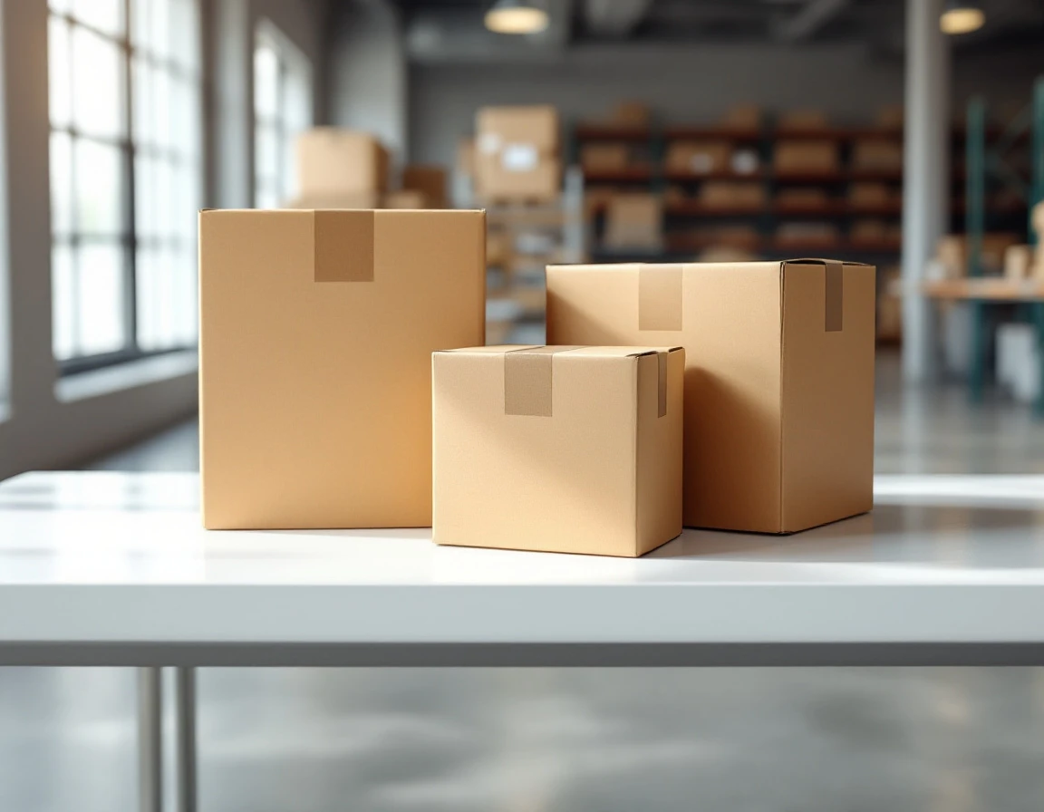 Three unmarked cardboard shipping boxes in warehouse setting showing authentic corrugated texture and natural lighting