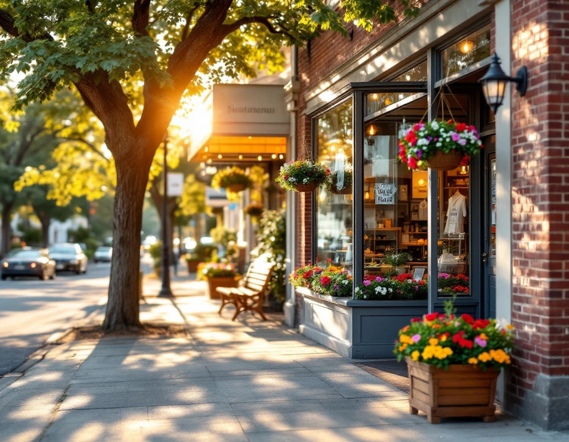 Summer retail storefront with flower boxes and warm golden hour lighting on main street