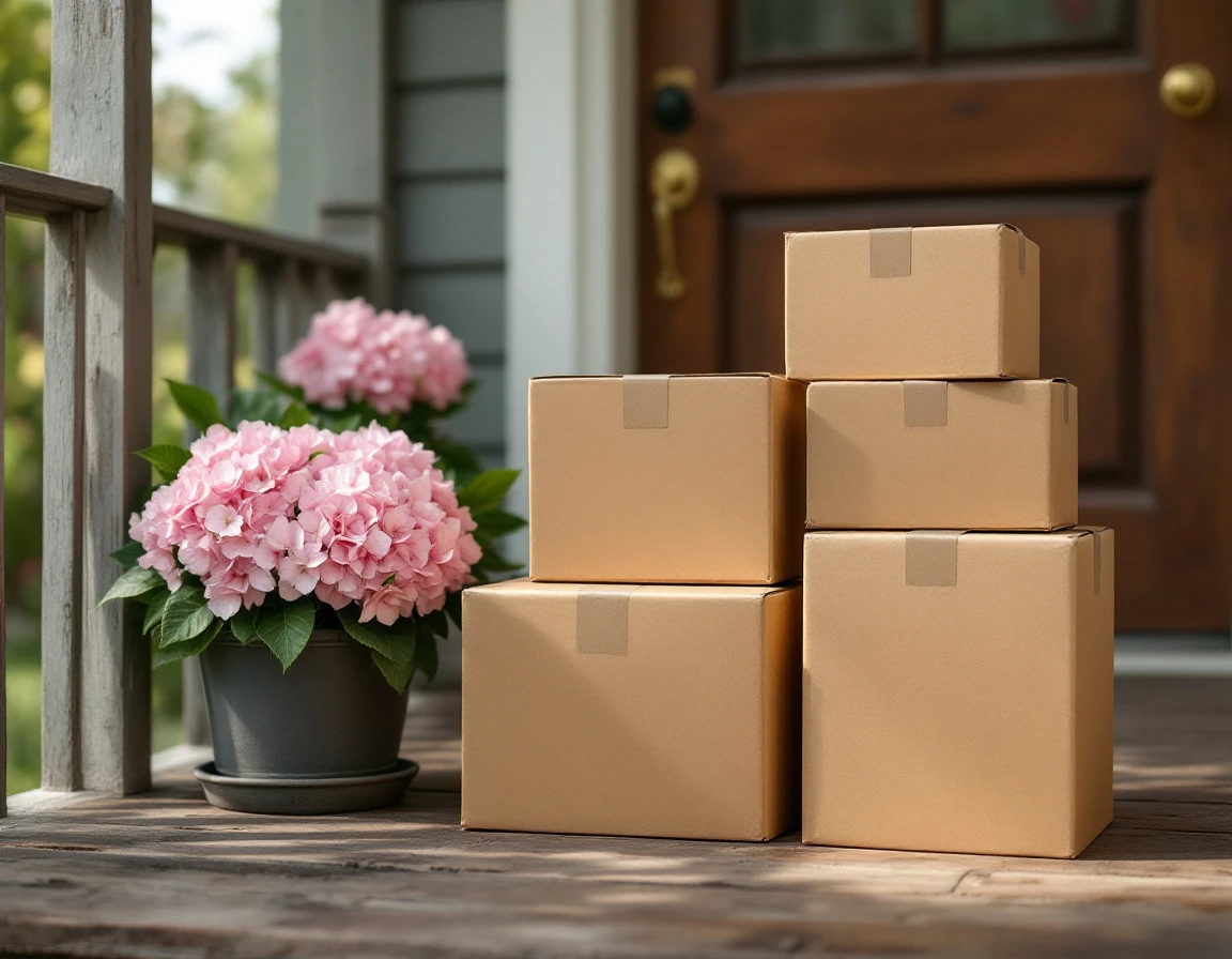 Stack of unmarked cardboard shipping boxes on residential porch with pink flowers