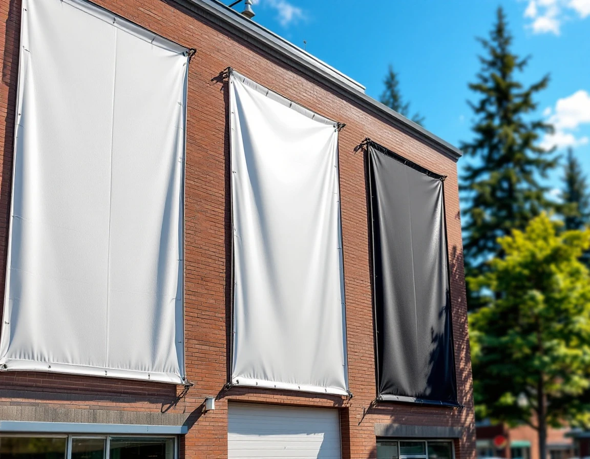 Three outdoor vinyl banners with different material finishes displayed on brick building exterior
