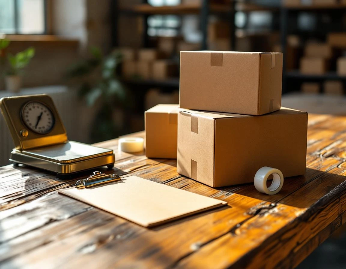 Shipping workstation with postal scale, blank cardboard boxes, and packing materials in natural afternoon light