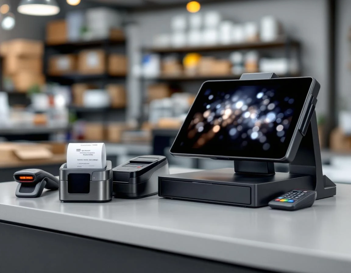 Point-of-sale terminal and payment hardware on pack-and-ship store counter with blurred displays