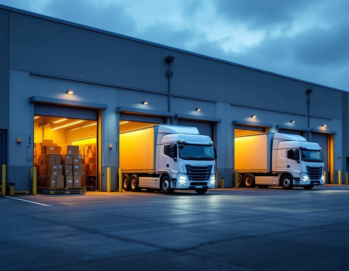 Unmarked delivery trucks at warehouse loading dock during evening shipping operations
