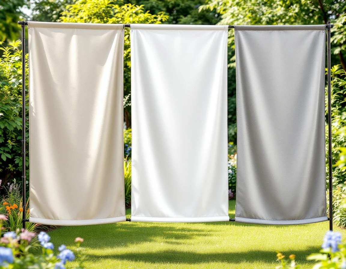 Three blank fabric banners in cream, white, and gray displaying natural texture and draping in outdoor garden setting