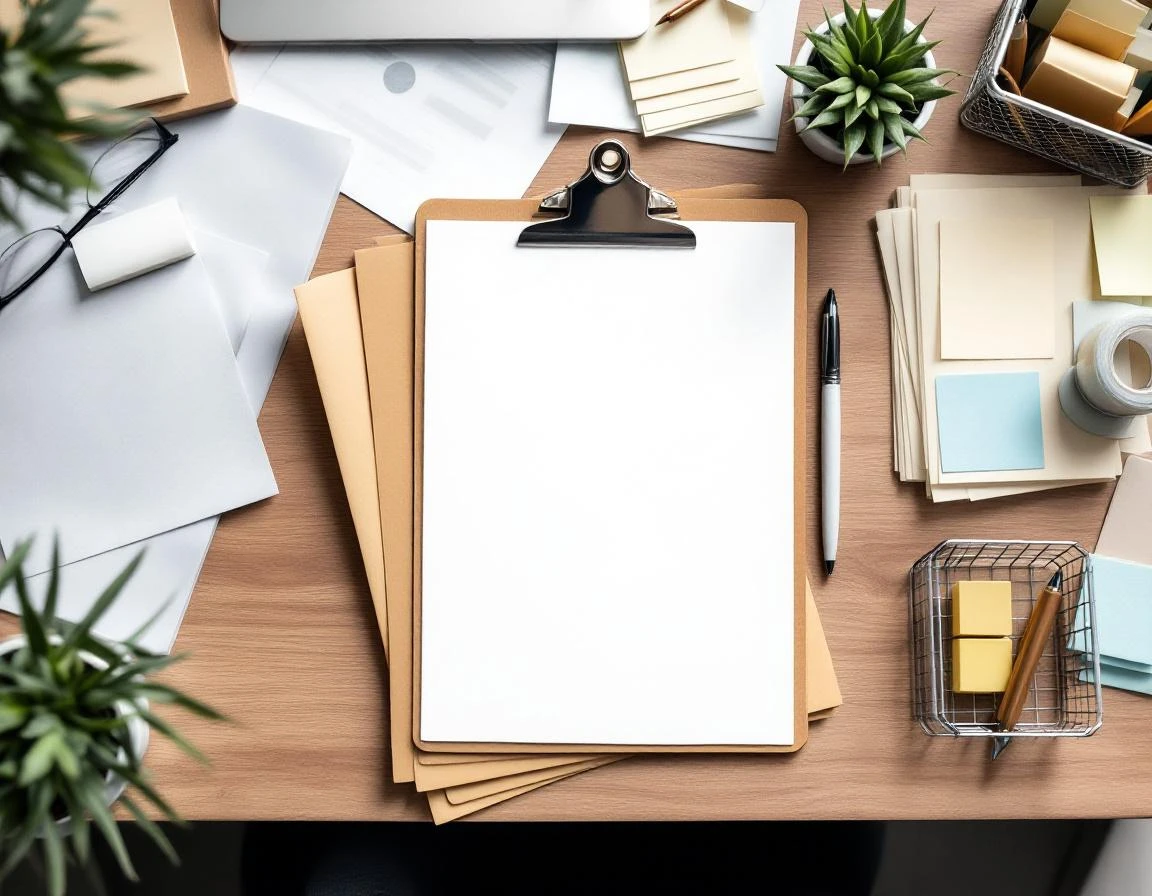 Organized desk workspace with blank planning materials and office supplies for business tax compliance preparation