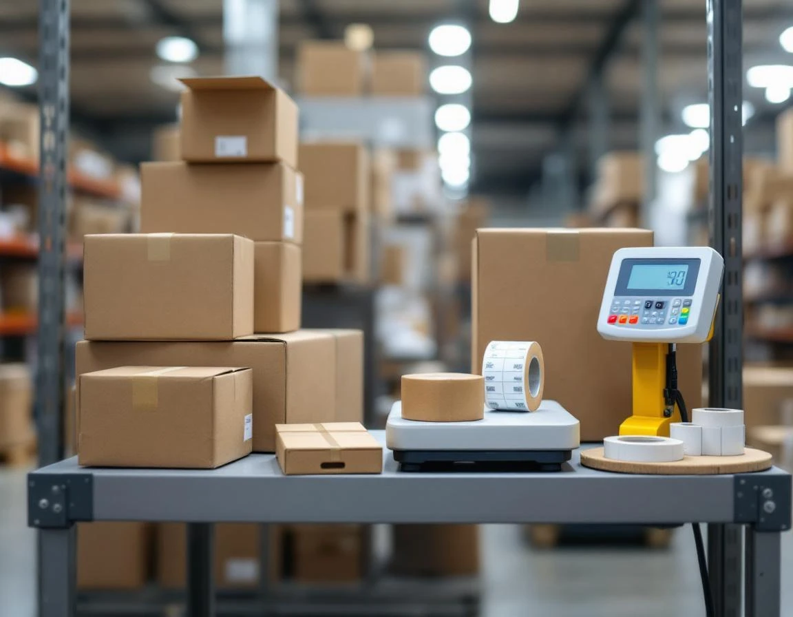 Shipping warehouse workstation with cardboard boxes, postal scale, and packing supplies in natural lighting